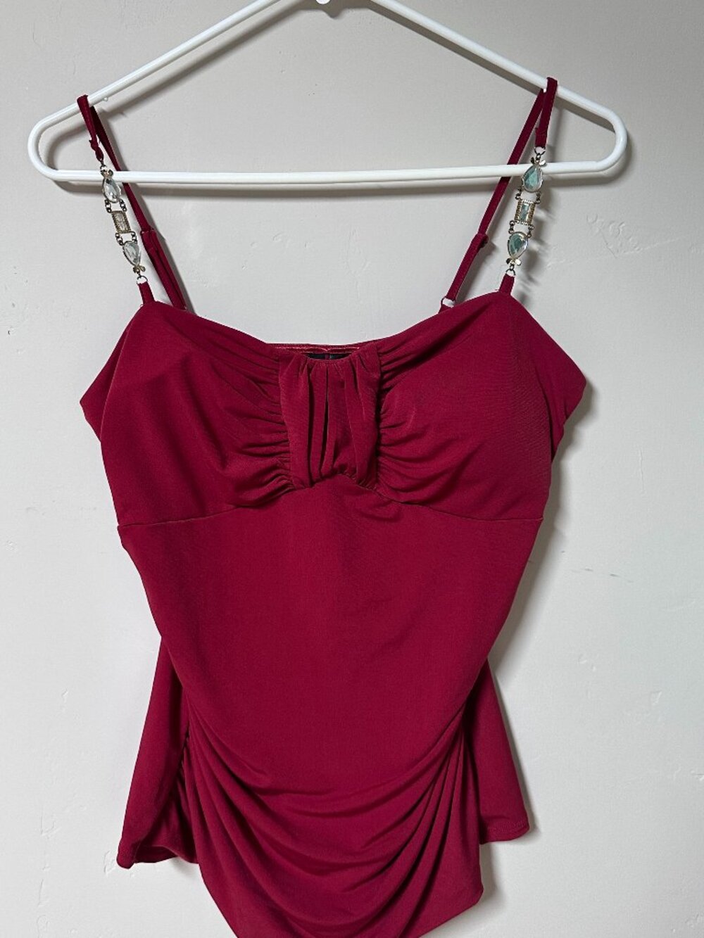 Vintage Y2K Bisou Bisou Red Ruched Cami Top w/ Jeweled Straps - Size Large